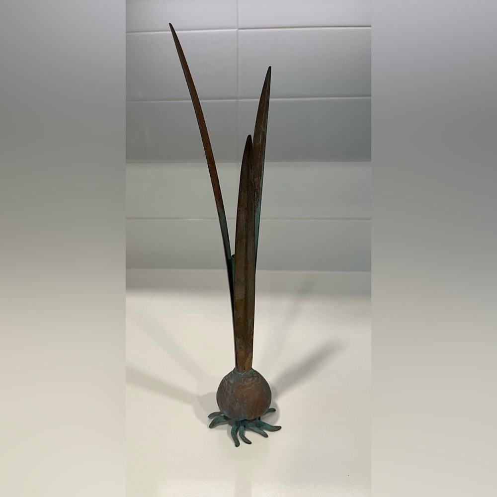 Vintage 1985 Carnevale Onion Bulb Bud Vase Brass Verdigris Metal 13" Nice Patina